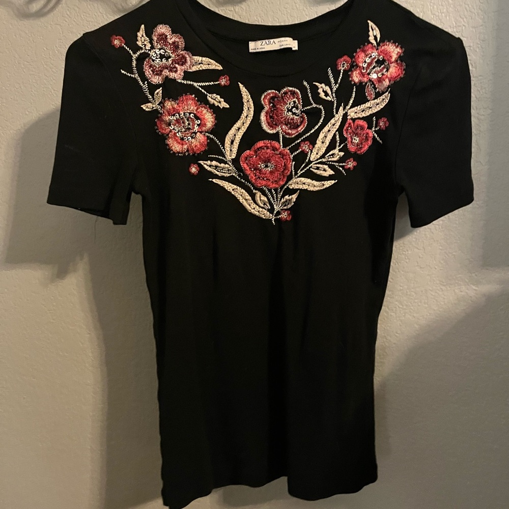 Zara Black Top with Red Floral Embroidery